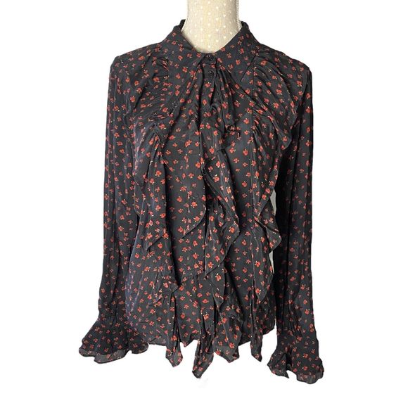 Zara Tops - Zara Black Ruffle Floral Blouse Red Flowers Detail Size XL Poppy Viscose Long